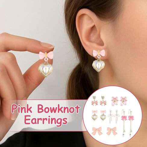 6 أزواج من الأقراط الوردية للنساء، مجموعة أقراط متدلية من حجر الراين الوردي الفاتح واللؤلؤ، أقراط فيونكة أنيقة ولطيفة، هدايا عيد الحب للنساء in Kuwait