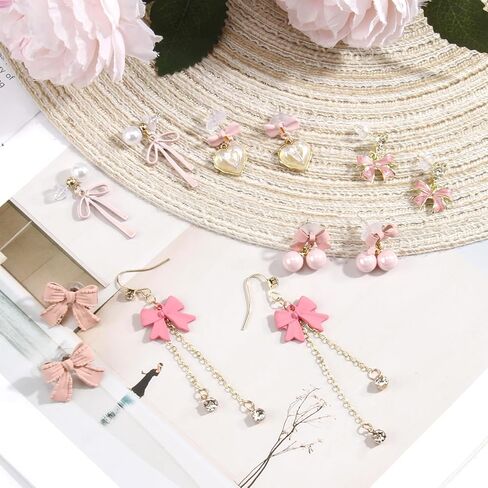 6 أزواج من الأقراط الوردية للنساء، مجموعة أقراط متدلية من حجر الراين الوردي الفاتح واللؤلؤ، أقراط فيونكة أنيقة ولطيفة، هدايا عيد الحب للنساء in Kuwait