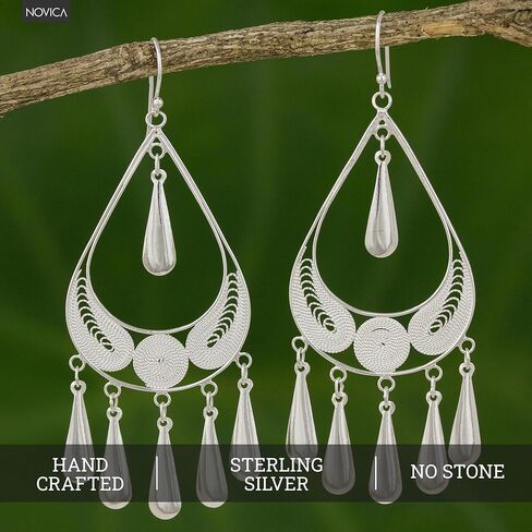 NOVICA Artisan Handmade Sterling Silver Filigree Earrings Chandelier Statement Thailand [3 in L x 1.2 in W] 'Mystic Rain' in Saudi Arabia