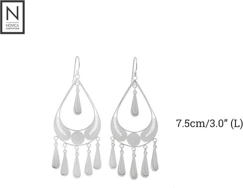 NOVICA Artisan Handmade Sterling Silver Filigree Earrings Chandelier Statement Thailand [3 in L x 1.2 in W] 'Mystic Rain' in Saudi Arabia
