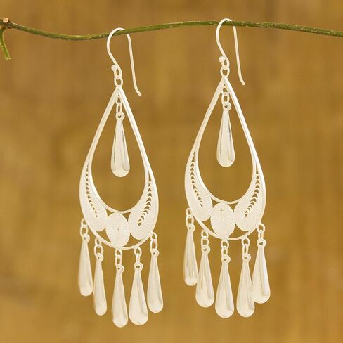 NOVICA Artisan Handmade Sterling Silver Filigree Earrings Chandelier Statement Thailand [3 in L x 1.2 in W] 'Mystic Rain' in Saudi Arabia