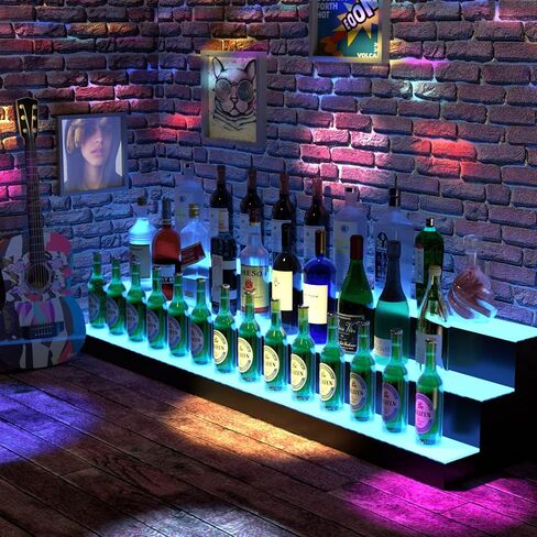 رف عرض زجاجات المشروبات الكحولية LED، رف شريط مضاء أكريليك مضاء 60 بوصة 3 خطوات للمنزل، رف شريط منزلي مضيء، حامل عرض زجاجة مضاء من الأكريليك مع جهاز تحكم عن بعد والتحكم في التطبيق in Kuwait