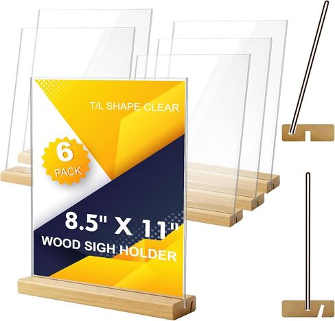 Comix 8.5x11 Clear Acrylic Sign Holder with Wood Base 6 Pack L/T Shape Table Display Stand Vertical or Slant Back Display for Wedding, Restaurant, Store, Office, Hotel in Saudi Arabia