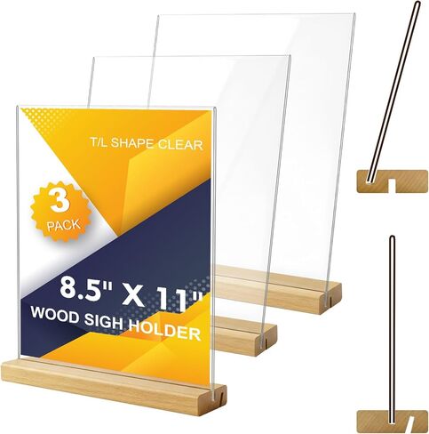 Comix 8.5x11 Clear Acrylic Sign Holder with Wood Base 6 Pack L/T Shape Table Display Stand Vertical or Slant Back Display for Wedding, Restaurant, Store, Office, Hotel in Saudi Arabia