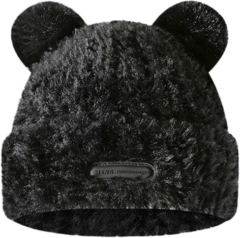 Womens Winter Beanie Hat Cute Fuzzy Bear Ear Hat Soft Plush Warm Knitted Cap for Women in Saudi Arabia