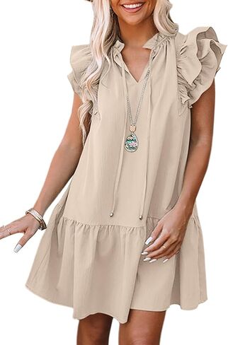 Dokotoo Womens 2023 Summer V-Neck Drawstring Ruffle Cap Short Sleeve Side Pockets Mini Dress Sundress in Kuwait