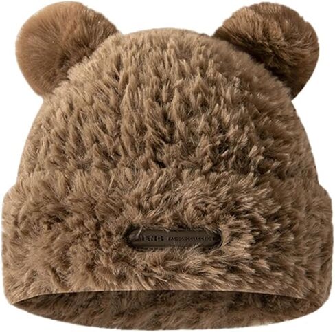 Womens Winter Beanie Hat Cute Fuzzy Bear Ear Hat Soft Plush Warm Knitted Cap for Women in Saudi Arabia