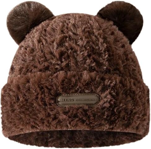 Womens Winter Beanie Hat Cute Fuzzy Bear Ear Hat Soft Plush Warm Knitted Cap for Women in Saudi Arabia