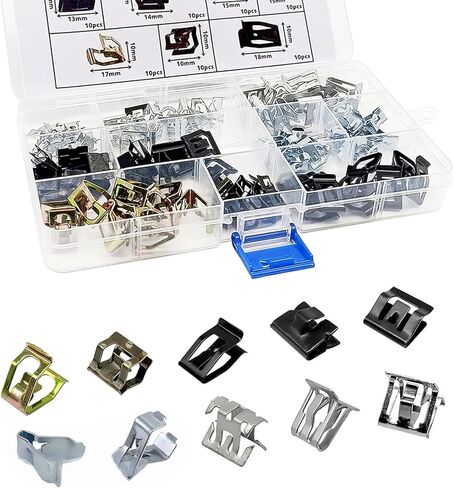 100 PCS Car Dashboard Trim Clips - 10 Sizes Interior Trim Panel Fasteners Set, Rust-proof Metal Spring Clips with Storage Box, Compatible with Most Cars (Multicolored) in Kuwait