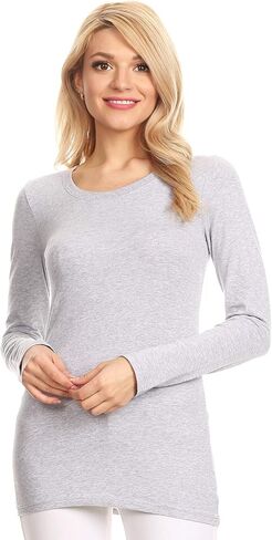 تي شيرت قطني مثير بياقة دائرية وأكمام طويلة من Ambiance Apparel (متوسط، رمادي منقط) in Kuwait