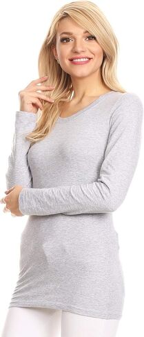 تي شيرت قطني مثير بياقة دائرية وأكمام طويلة من Ambiance Apparel (متوسط، رمادي منقط) in Kuwait