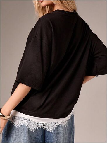 Verdusa Women's Lace Oversized Tshirts Half Sleeve Tops Casual Basic Tees in Saudi Arabia