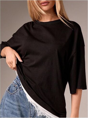 Verdusa Women's Lace Oversized Tshirts Half Sleeve Tops Casual Basic Tees in Saudi Arabia