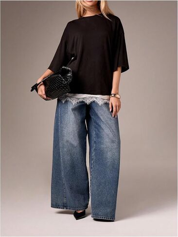 Verdusa Women's Lace Oversized Tshirts Half Sleeve Tops Casual Basic Tees in Saudi Arabia