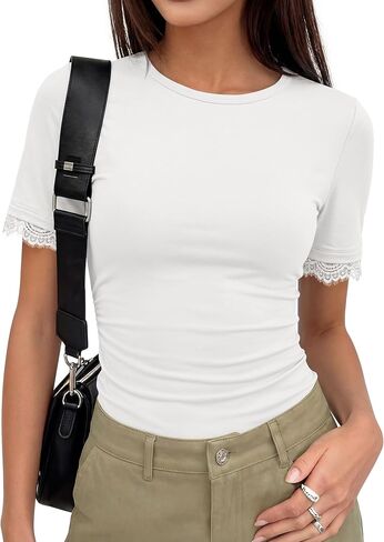 ZESICA Women's Lace Short Sleeve Fitted Tops 2026 Summer Crewneck Casual Basic Tees Tops Going Out Fashion Outfits in Saudi Arabia