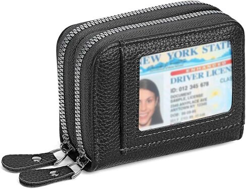 Credit Card Holder Wallet RFID Blocking Leather Small Wallet for Women Double Zipper Wallet with ID Window (Black) in Saudi Arabia