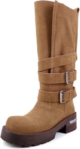 Goolita Womens Platform Knee High Boots Round Toe Chunky Heels Combat Boots Buckle Strap Wide Calf Biker Moto Boots in Kuwait