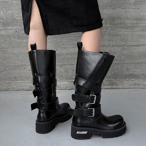 Goolita إمرأة منصة حذاء برقبة للركبة جولة تو كعب مكتنز أحذية قتالية مشبك حزام واسعة العجل السائق موتو الأحذية in Kuwait