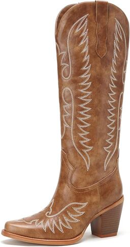 أحذية رعاة البقر للنساء الغربية حذاء برقبة للركبة ريترو خمر البلد التطريز أشار تو طويل القامة طويل راعية البقر التمهيد in Kuwait