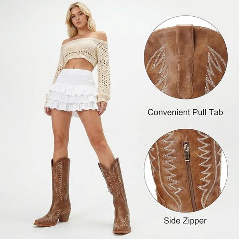 أحذية رعاة البقر للنساء الغربية حذاء برقبة للركبة ريترو خمر البلد التطريز أشار تو طويل القامة طويل راعية البقر التمهيد in Kuwait