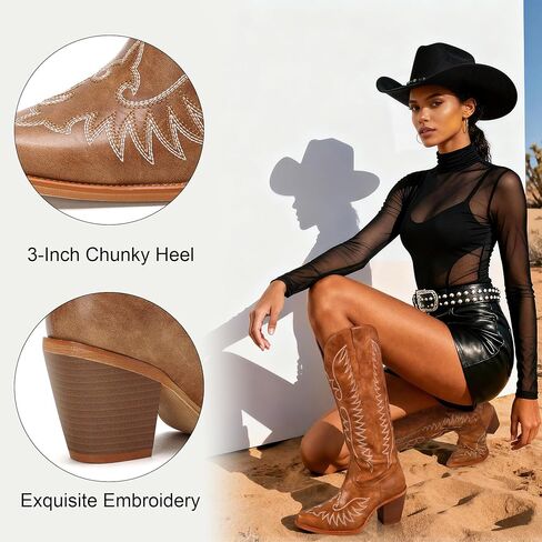 أحذية رعاة البقر للنساء الغربية حذاء برقبة للركبة ريترو خمر البلد التطريز أشار تو طويل القامة طويل راعية البقر التمهيد in Kuwait