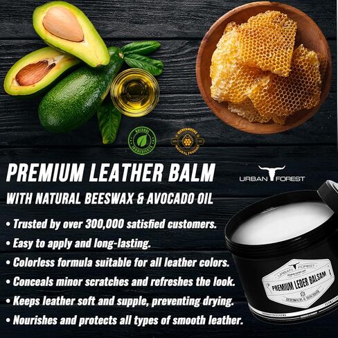 URBAN FOREST Leather Care Conditioner incl. natural Beeswax & Avocado Oil 16.9 fl oz, Heavy Duty Scratch Repair Balm - Preservative for Dry Cracked Furniture, Car Seats, Saddles, Boots Made in Germany in Saudi Arabia