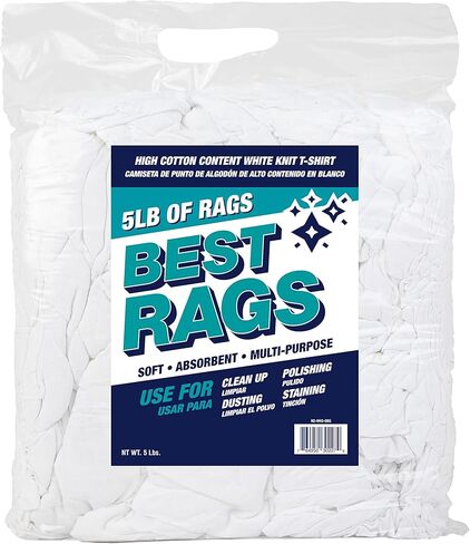Arkwright Premium T-shirt Rags Bulk، صندوق 5 رطل، مناشف تنظيف قطنية، قماش مسح منخفض الوبر للطلاء والبقع والشحوم والمتجر والاستخدام التلقائي، سريع الجفاف قابل للغسل في الغسالة، أبيض in Kuwait