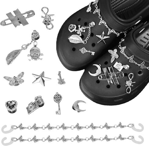 11 PCS Goth Shoe Charms for Women Men - Metal Goth Emo Accessories Punk, Y2k charms, Y2k Shoes Jewelry, Silver Gothic Charms, DIY Rivets Shoes Charm, Butterfly Sandals Clog Chains for Shoe Decorations in Kuwait