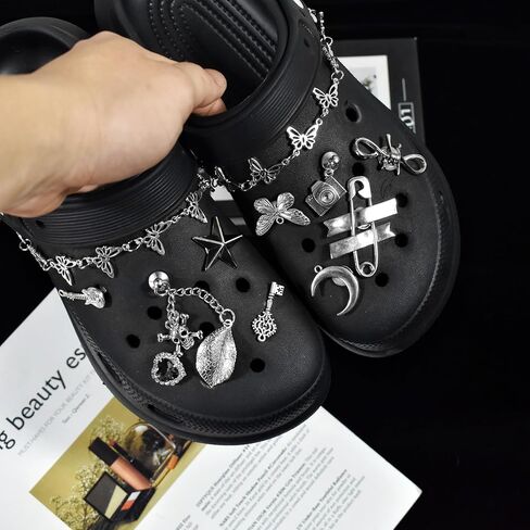 11 PCS Goth Shoe Charms for Women Men - Metal Goth Emo Accessories Punk, Y2k charms, Y2k Shoes Jewelry, Silver Gothic Charms, DIY Rivets Shoes Charm, Butterfly Sandals Clog Chains for Shoe Decorations in Kuwait