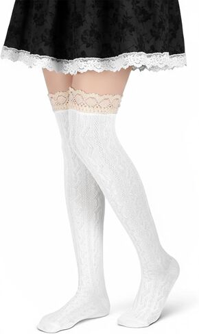 White Thigh High Socks, White over the Knee Socks, Lace Boot Sock with Ruffle Trim Top Stockings in Kuwait