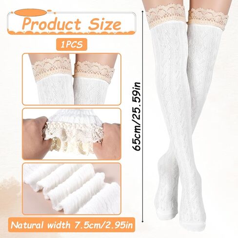 White Thigh High Socks, White over the Knee Socks, Lace Boot Sock with Ruffle Trim Top Stockings in Kuwait