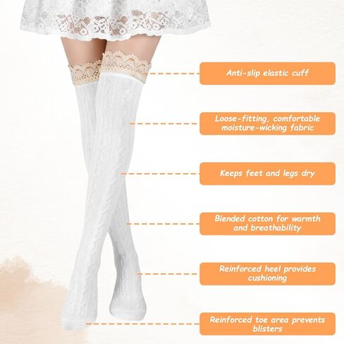 White Thigh High Socks, White over the Knee Socks, Lace Boot Sock with Ruffle Trim Top Stockings in Kuwait