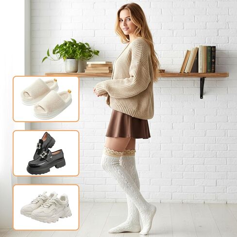 White Thigh High Socks, White over the Knee Socks, Lace Boot Sock with Ruffle Trim Top Stockings in Kuwait