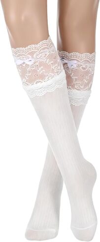 White Knee High Socks Bow Ruffle Lolita Socks Long Sock with Bows Kawaii Lace Top Thin Sock for Women in Kuwait