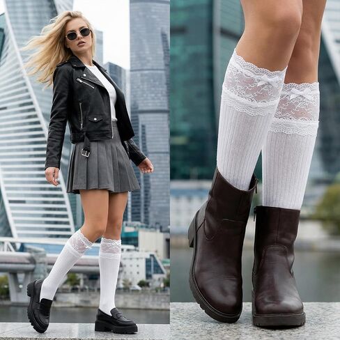 White Knee High Socks Bow Ruffle Lolita Socks Long Sock with Bows Kawaii Lace Top Thin Sock for Women in Kuwait