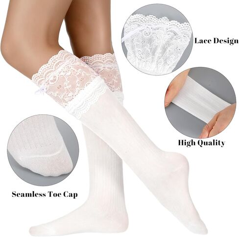 White Knee High Socks Bow Ruffle Lolita Socks Long Sock with Bows Kawaii Lace Top Thin Sock for Women in Kuwait