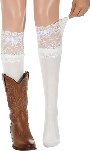 White Knee High Socks Bow Ruffle Lolita Socks Long Sock with Bows Kawaii Lace Top Thin Sock for Women in Kuwait