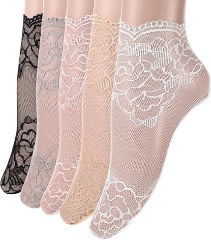 جوارب نسائية من النايلون الشفاف للكاحل، 5 أزواج من الجوارب المكشكشة للنساء، جورب للكاحل شبكي، جوارب نسائية شبكية كاجوال من الدانتيل القطني رفيعة جدًا للنساء (5 ألوان) in Kuwait