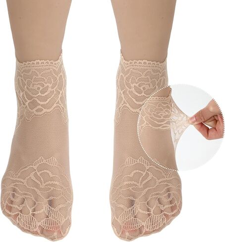 جوارب نسائية من النايلون الشفاف للكاحل، 5 أزواج من الجوارب المكشكشة للنساء، جورب للكاحل شبكي، جوارب نسائية شبكية كاجوال من الدانتيل القطني رفيعة جدًا للنساء (5 ألوان) in Kuwait