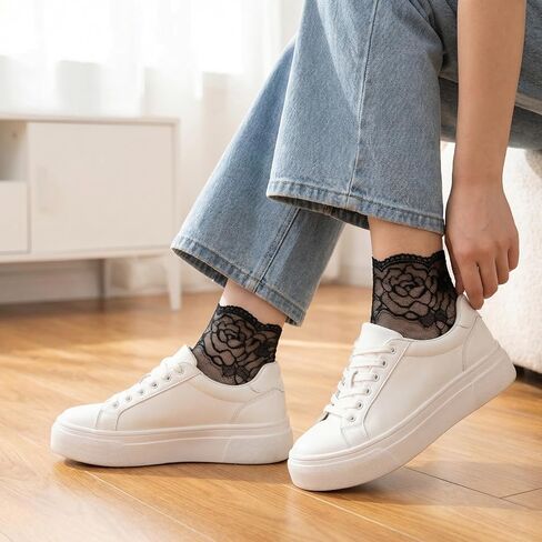 جوارب نسائية من النايلون الشفاف للكاحل، 5 أزواج من الجوارب المكشكشة للنساء، جورب للكاحل شبكي، جوارب نسائية شبكية كاجوال من الدانتيل القطني رفيعة جدًا للنساء (5 ألوان) in Kuwait