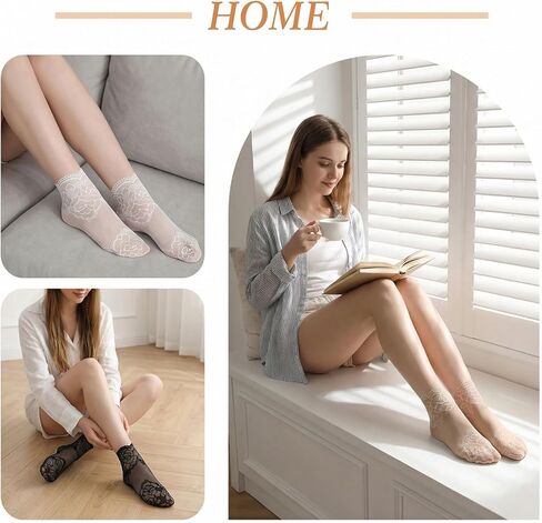 جوارب نسائية من النايلون الشفاف للكاحل، 5 أزواج من الجوارب المكشكشة للنساء، جورب للكاحل شبكي، جوارب نسائية شبكية كاجوال من الدانتيل القطني رفيعة جدًا للنساء (5 ألوان) in Kuwait