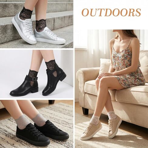 جوارب نسائية من النايلون الشفاف للكاحل، 5 أزواج من الجوارب المكشكشة للنساء، جورب للكاحل شبكي، جوارب نسائية شبكية كاجوال من الدانتيل القطني رفيعة جدًا للنساء (5 ألوان) in Kuwait