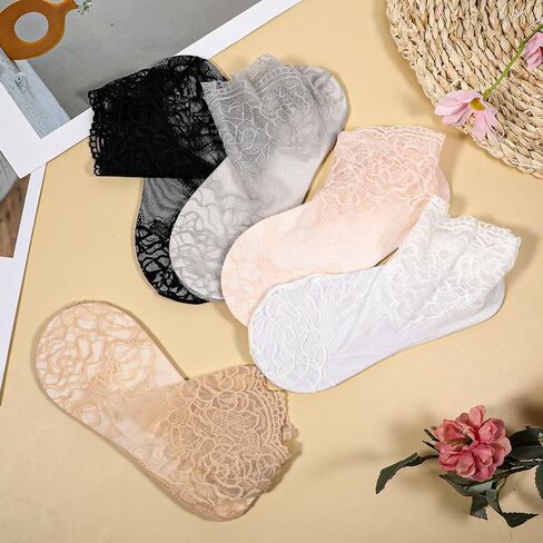 جوارب نسائية من النايلون الشفاف للكاحل، 5 أزواج من الجوارب المكشكشة للنساء، جورب للكاحل شبكي، جوارب نسائية شبكية كاجوال من الدانتيل القطني رفيعة جدًا للنساء (5 ألوان) in Kuwait