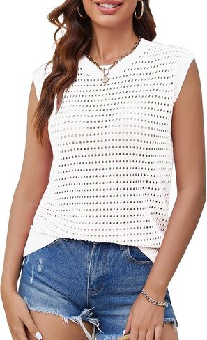 Summer Crochet Tops for Women Cap Sleeve Tank Top Knit Sweater Vest Cute Hollow Out Pullover Beach Vacation Clothes in Saudi Arabia