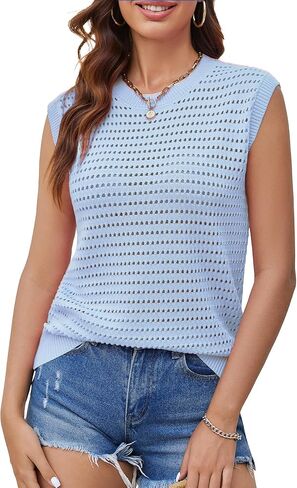 Summer Crochet Tops for Women Cap Sleeve Tank Top Knit Sweater Vest Cute Hollow Out Pullover Beach Vacation Clothes in Saudi Arabia