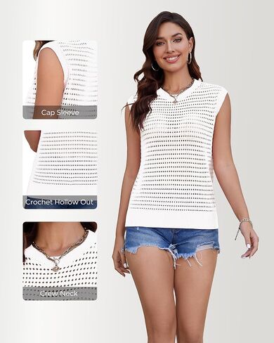 Summer Crochet Tops for Women Cap Sleeve Tank Top Knit Sweater Vest Cute Hollow Out Pullover Beach Vacation Clothes in Saudi Arabia