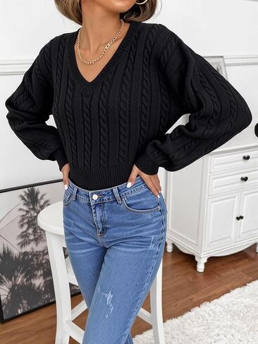 Women V Neck Cable Knit Pullover Sweater with Long Sleeves Fashionable French Slim Fit Design for Daily Outings in Saudi Arabia
