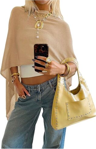 Women's Y2k Poncho Top Asymmetrical Dolman Sleeve Poncho Sweater Knitted Pullover Shrug in Saudi Arabia