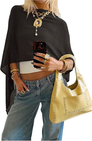 Women's Y2k Poncho Top Asymmetrical Dolman Sleeve Poncho Sweater Knitted Pullover Shrug in Saudi Arabia