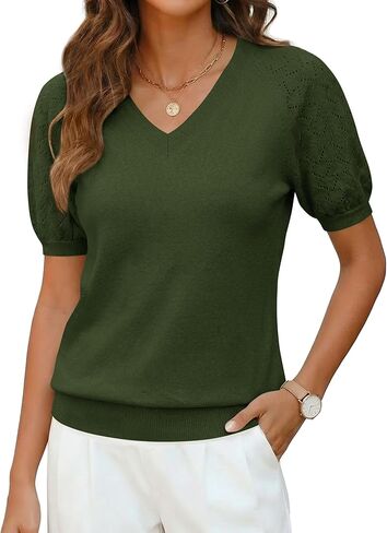 LaGracia Women's Puff Short Sleeve Sweater Spring Summer Tops V Neck Dressy Casual Tops 2026 Trendy in Kuwait